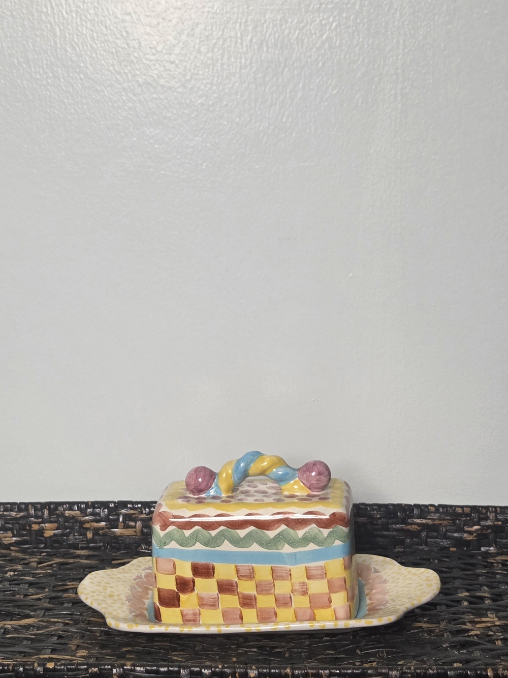 Vtg 94 Mackenzie Childs Rose Cottage Hand Painted Ceramic Covered Butter Dish